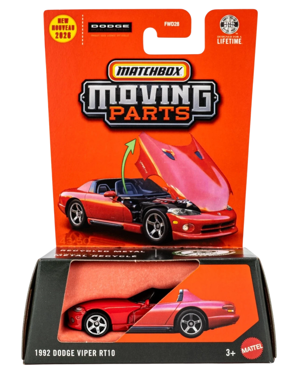More Than Diecast 1992 Dodge Viper RT10 in Viper Red from the Matchbox Moving Parts series in FSC-certified packaging
