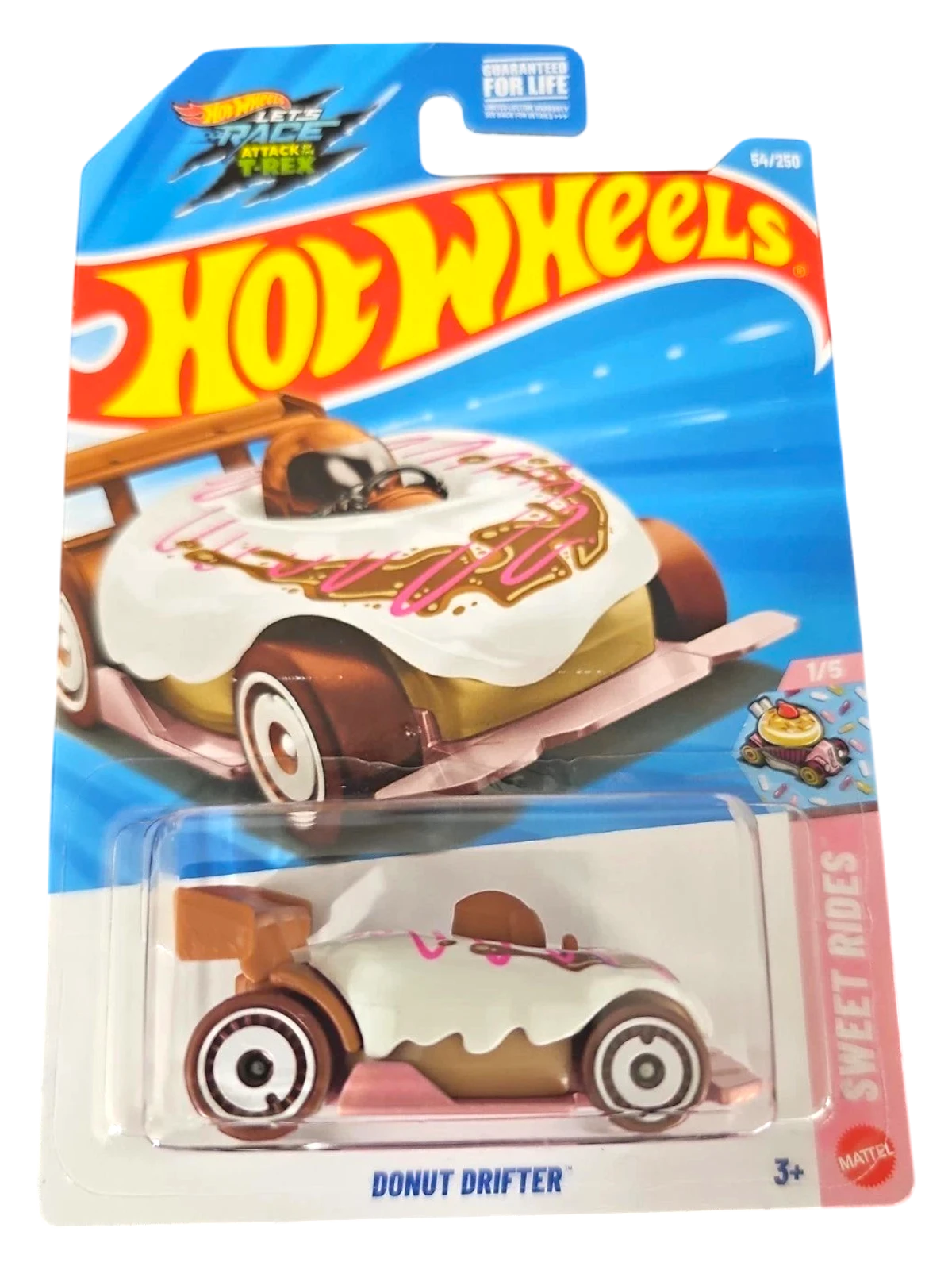 More Than Diecast Hot Wheels 2026 Donut Drifter die-cast car in white and brown with pink icing and sprinkles design.
