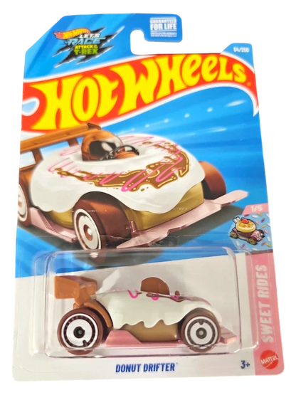 More Than Diecast Hot Wheels 2026 Donut Drifter die-cast car in white and brown with pink icing and sprinkles design.