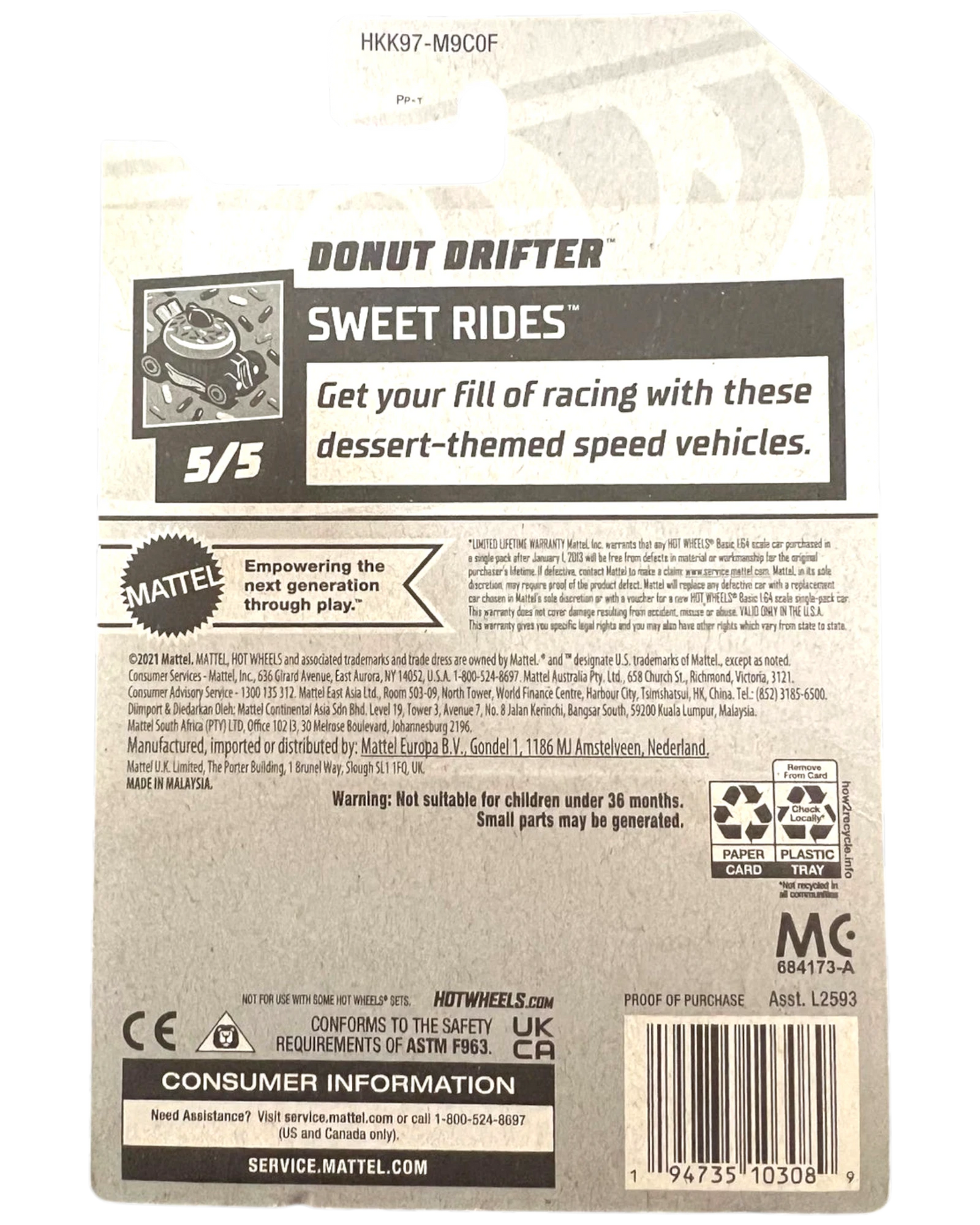 Back of More Than Diecast Hot Wheels Donut Drifter Treasure Hunt packaging with product information and safety warnings.