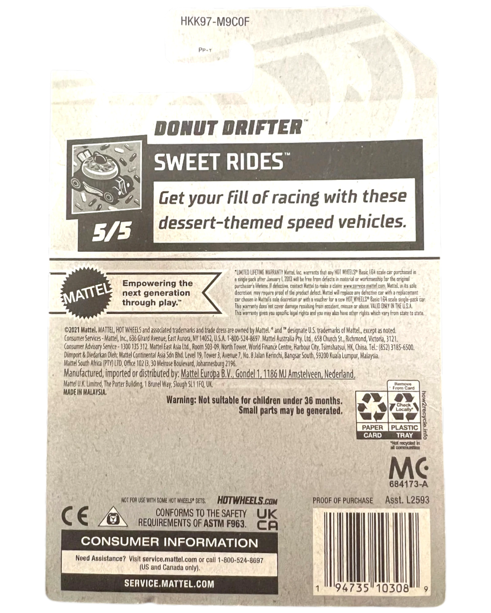 Back of More Than Diecast Hot Wheels Donut Drifter Treasure Hunt packaging with product information and safety warnings.