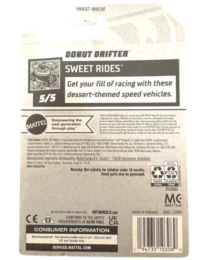 Back of More Than Diecast Hot Wheels Donut Drifter Treasure Hunt packaging with product information and safety warnings.