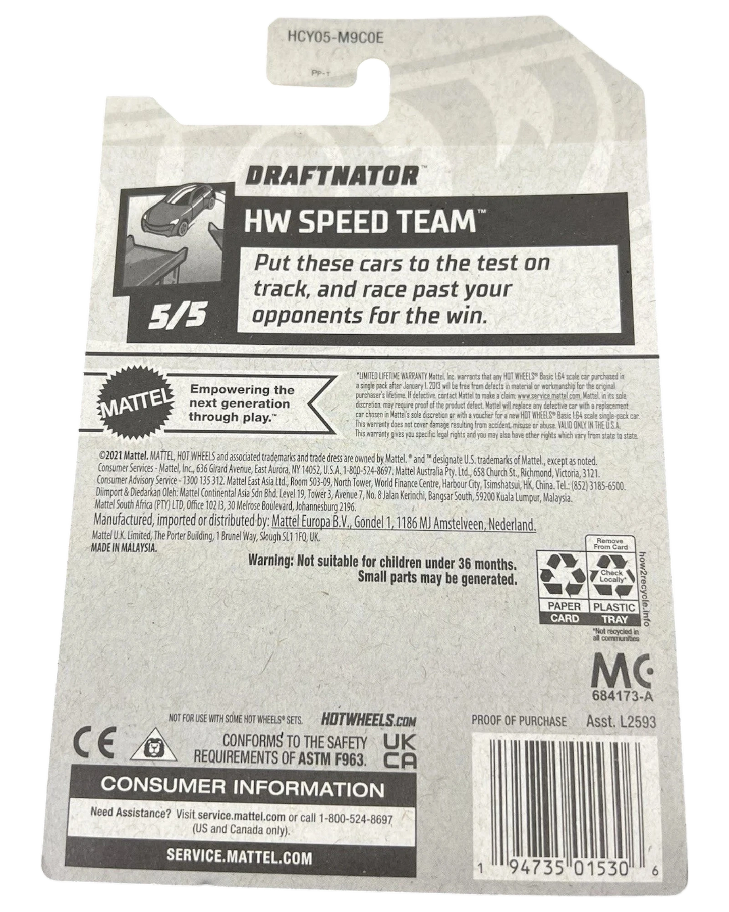 Back of More Than Diecast Hot Wheels Draftnator HW Speed Team packaging showing product details and safety warnings