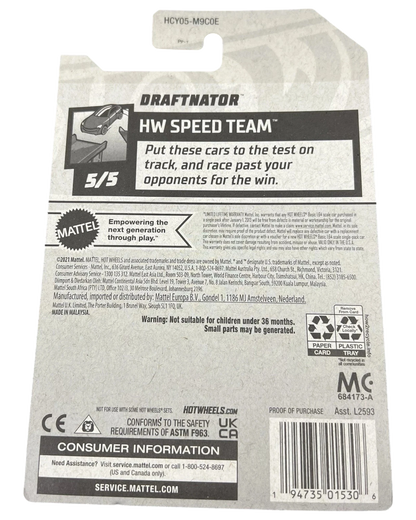 Back of More Than Diecast Hot Wheels Draftnator HW Speed Team packaging showing product details and safety warnings
