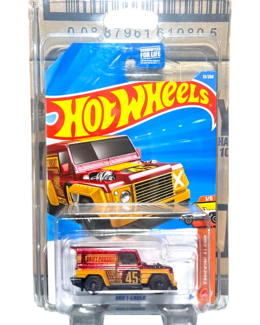 More Than Diecast Hot Wheels Drift-Ender Super Treasure Hunt die-cast truck in red and yellow with Real Rider tires.