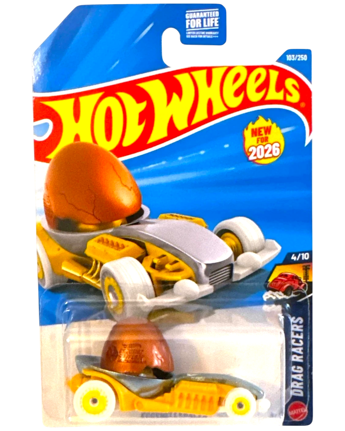 More Than Diecast Hot Wheels 2025 Eggshelleracer yellow fantasy die-cast car in original blister packaging
