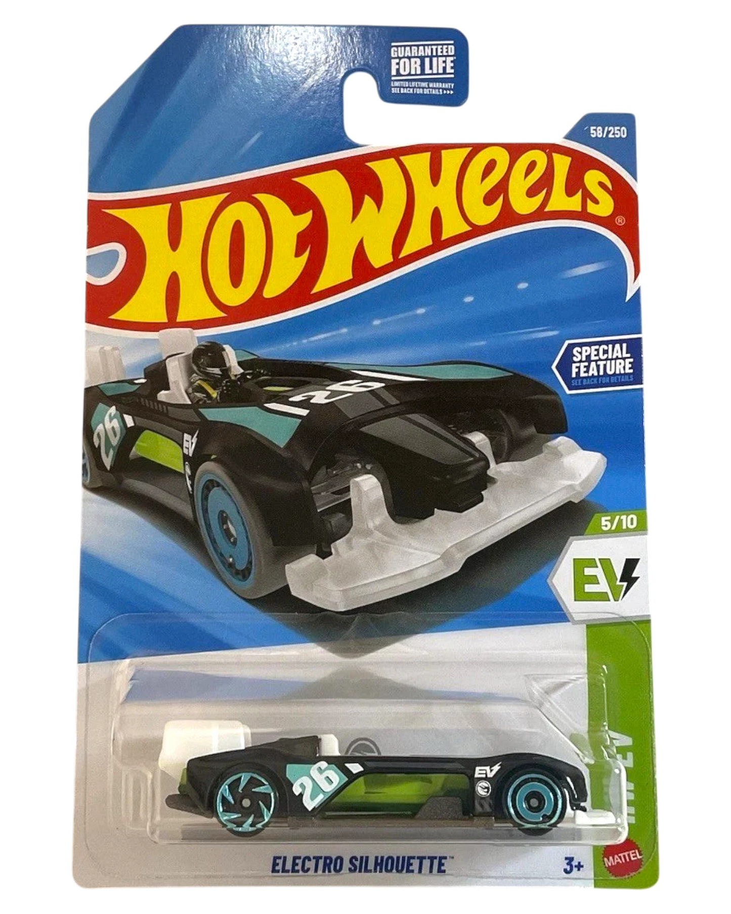 More Than Diecast Hot Wheels Electro Silhouette Treasure Hunt die-cast car in black and teal on blister card