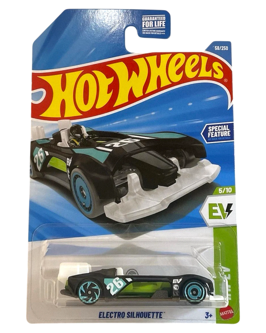 More Than Diecast Hot Wheels Electro Silhouette Treasure Hunt die-cast car in black and teal on blister card