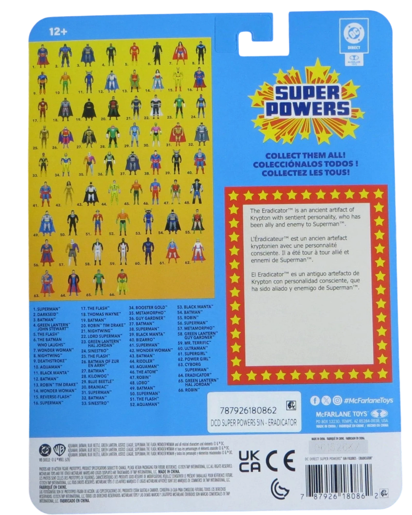 More Than Diecast McFarlane Super Powers Eradicator action figure packaging back showing DC Universe character checklist