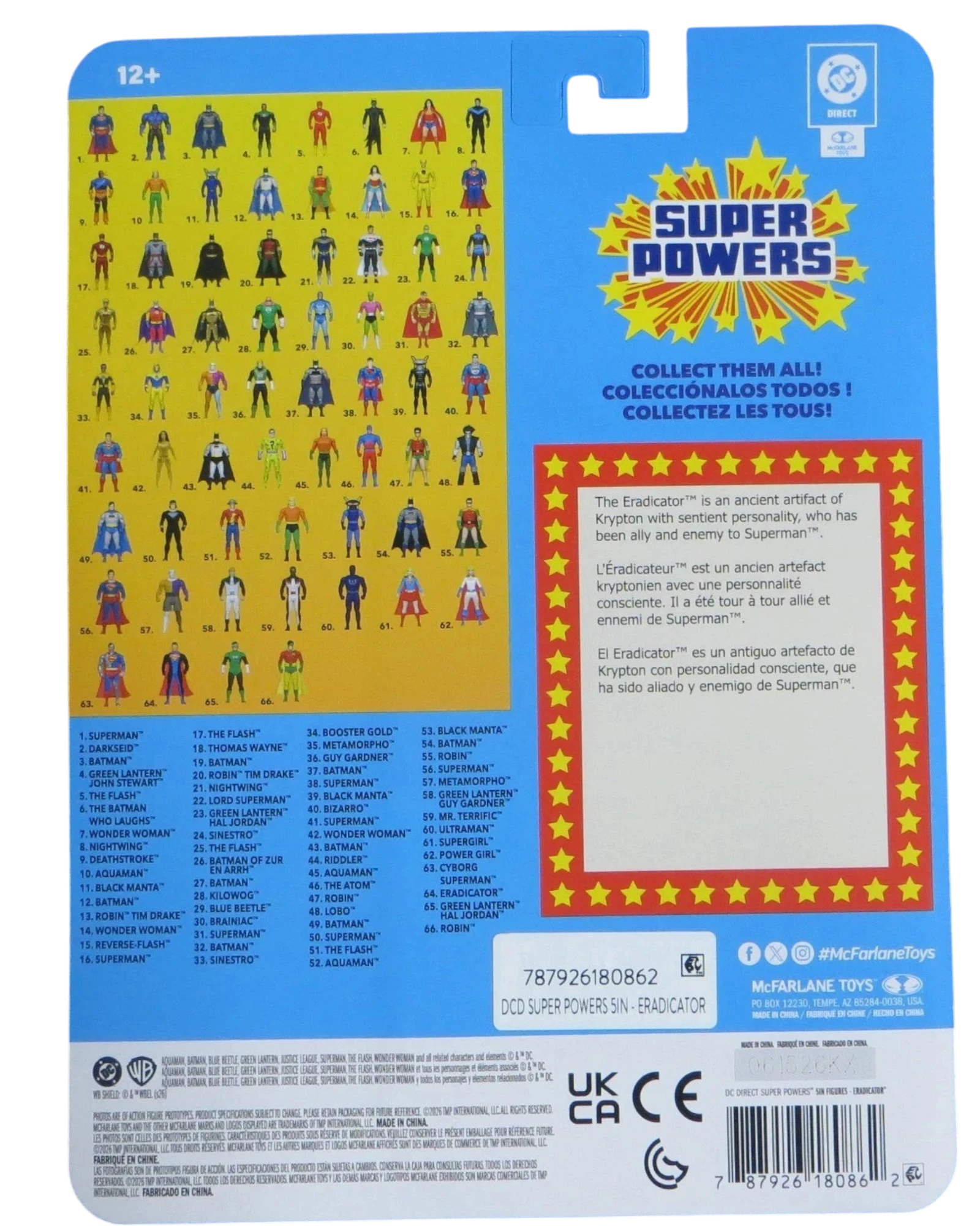 More Than Diecast McFarlane Super Powers Eradicator action figure packaging back showing DC Universe character checklist
