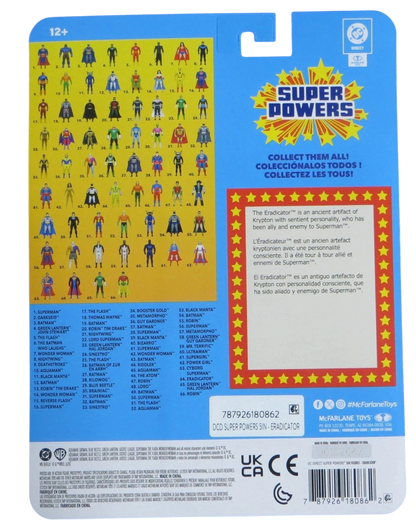 More Than Diecast McFarlane Super Powers Eradicator action figure packaging back showing DC Universe character checklist