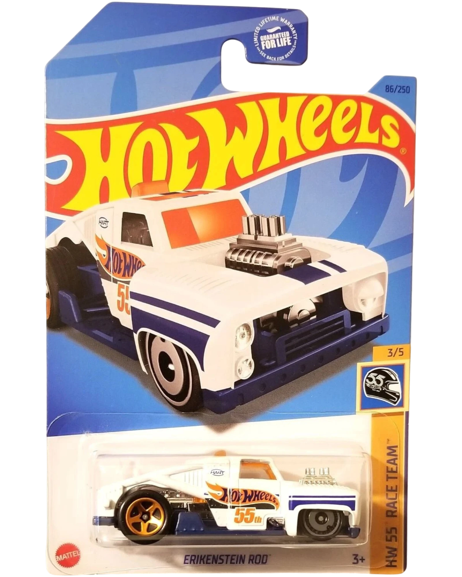 More Than Diecast Hot Wheels Erikenstein Rod 1:64 scale white custom race car with blue graphics on blister card