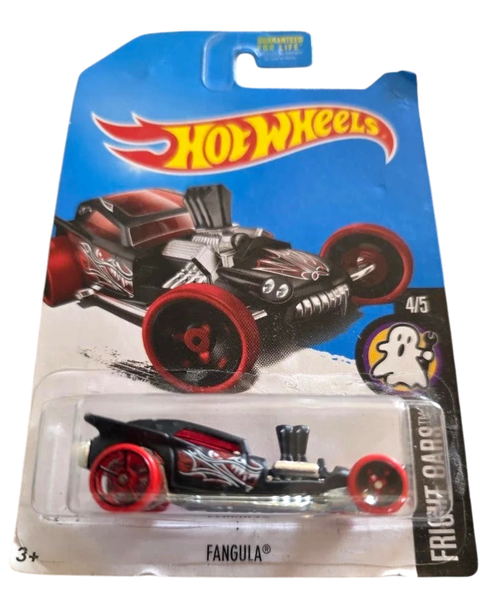 More Than Diecast 2017 Hot Wheels Fangula Treasure Hunt car in flat black with red wheels on a Fright Cars card
