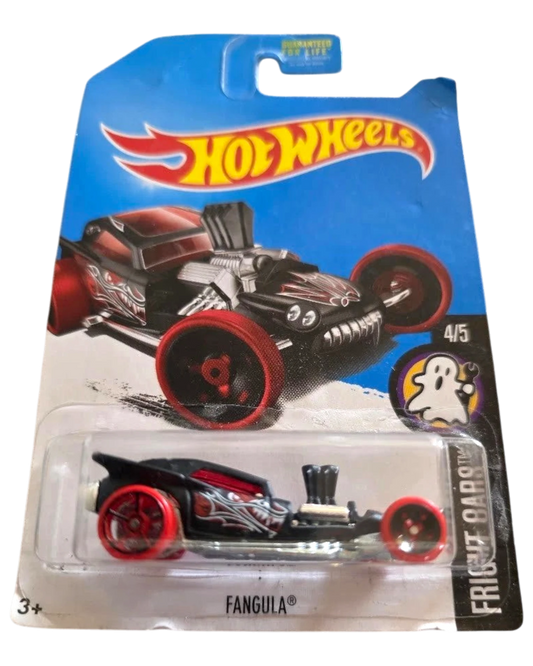 More Than Diecast 2017 Hot Wheels Fangula Treasure Hunt car in flat black with red wheels on a Fright Cars card