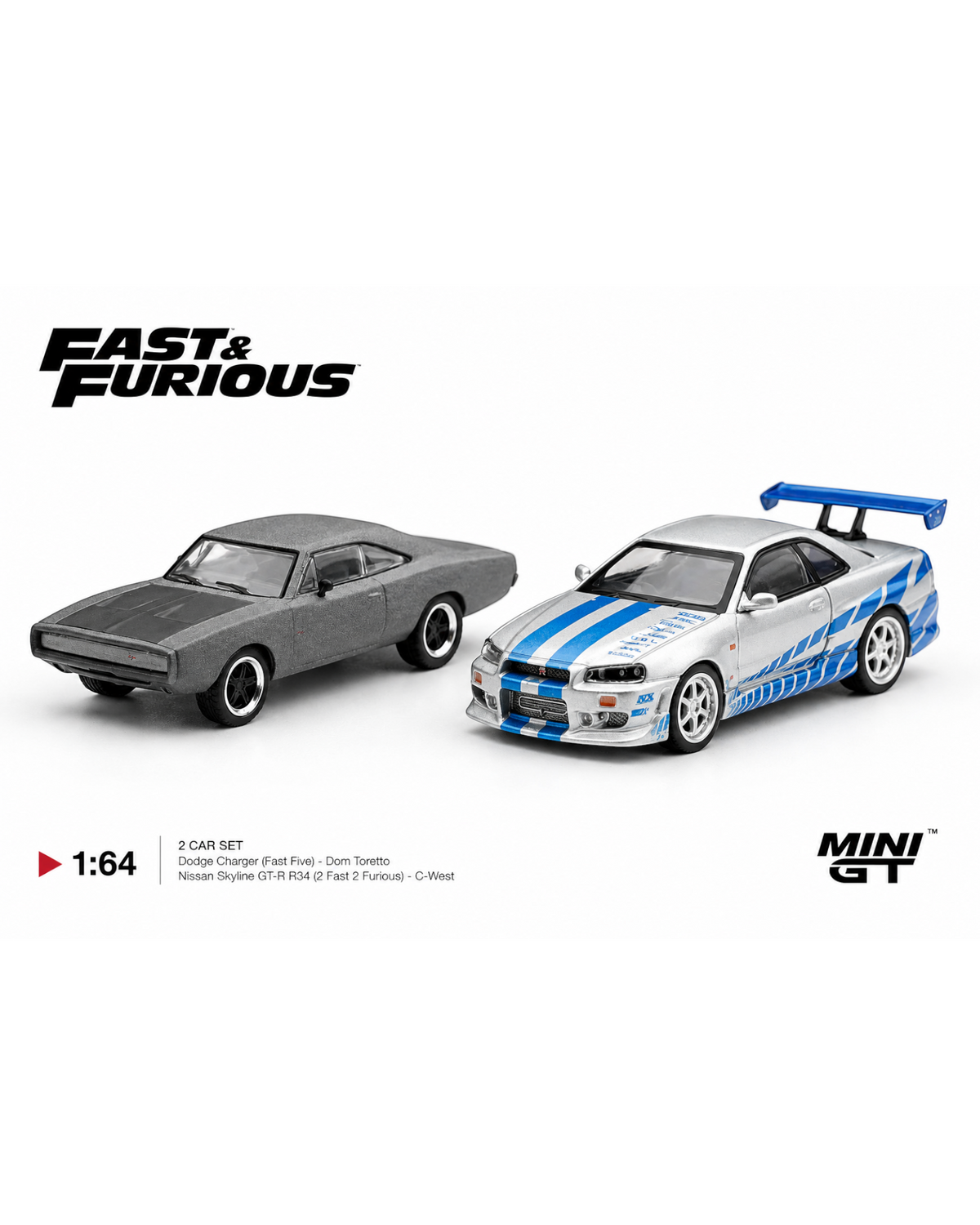More Than Diecast 1:64 scale Fast & Furious 2-car set featuring Dom's matte grey Dodge Charger and Brian's silver Nissan Skyline GT-R.