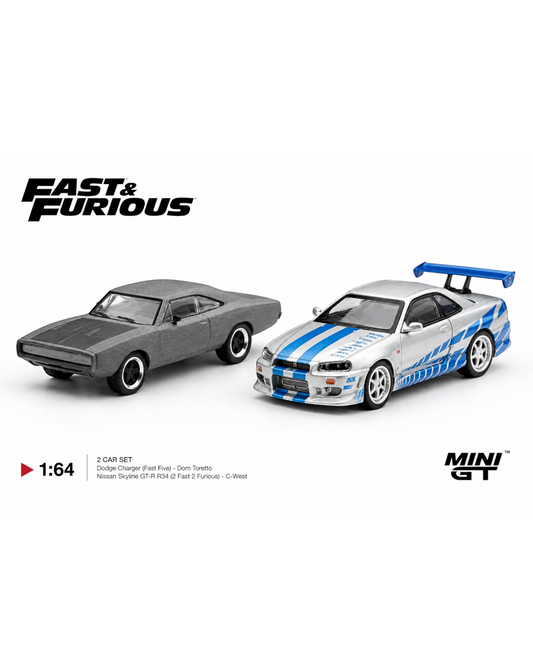 More Than Diecast 1:64 scale Fast & Furious 2-car set featuring Dom's matte grey Dodge Charger and Brian's silver Nissan Skyline GT-R.