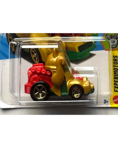 More Than Diecast Feline Lucky Hot Wheels EXPERIMOTORS toy car, gold with red engine and green accents.