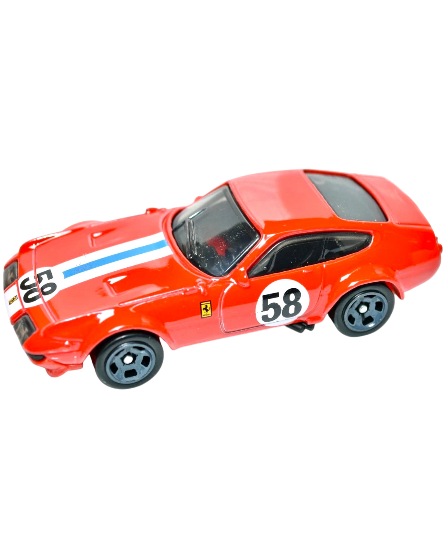 More Than Diecast Hot Wheels Ferrari Dino 206 GT in light red with number 58 racing livery and blue hood stripe