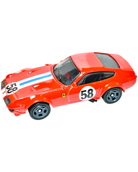 More Than Diecast Hot Wheels Ferrari Dino 206 GT in light red with number 58 racing livery and blue hood stripe