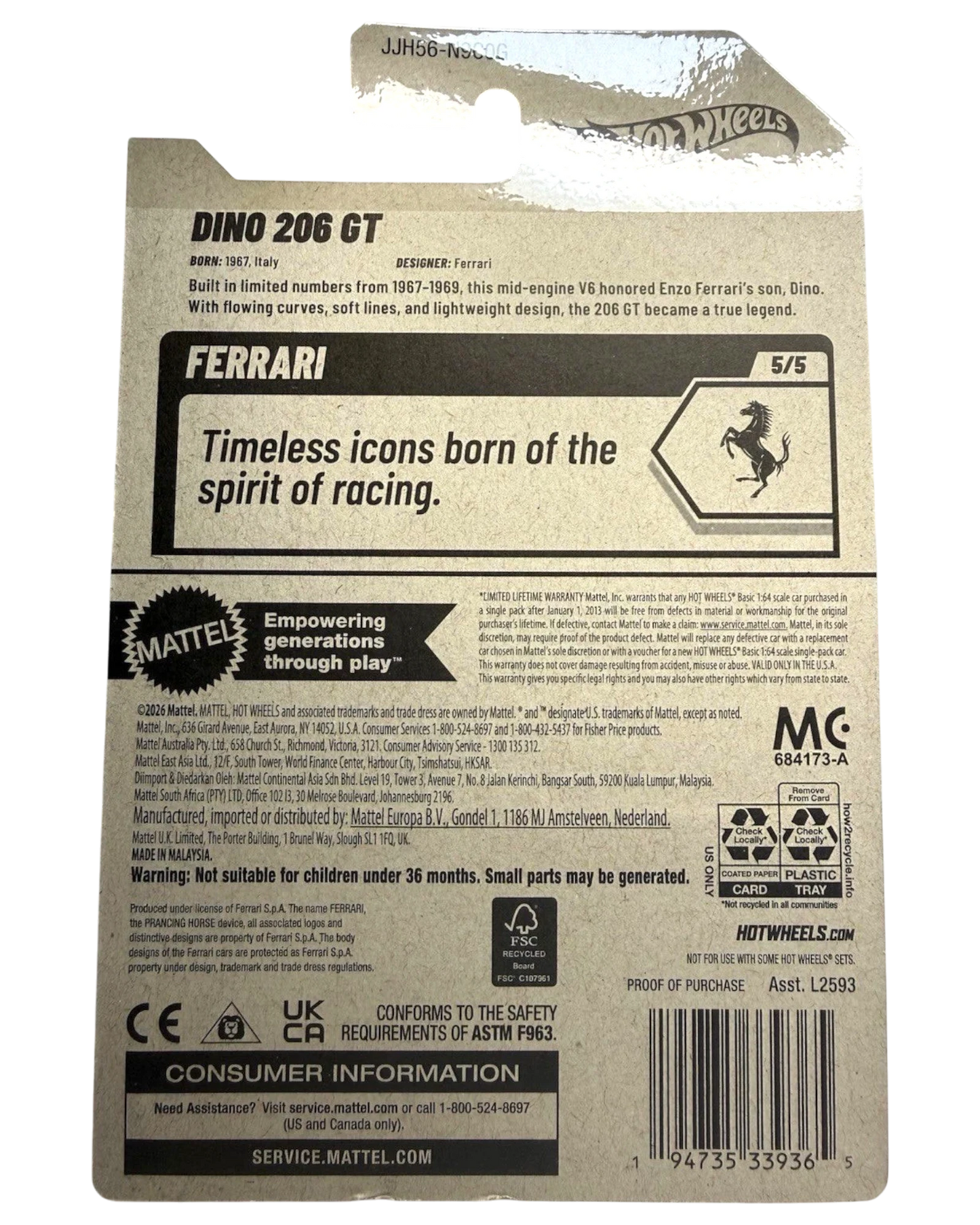 More Than Diecast Hot Wheels Ferrari Dino 206 GT card back showing product details and specifications