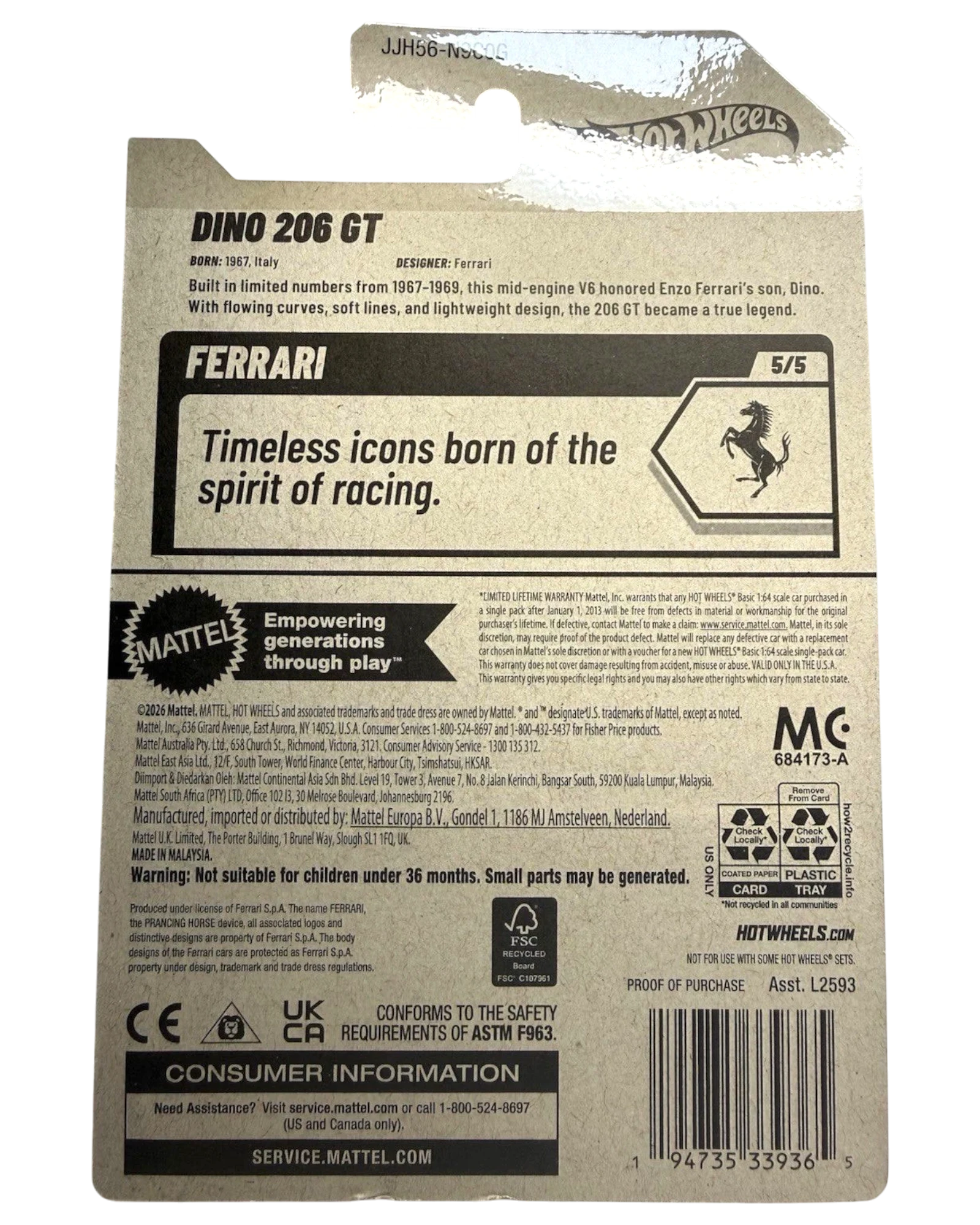 More Than Diecast Hot Wheels Ferrari Dino 206 GT card back showing product details and specifications
