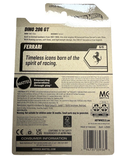 More Than Diecast Hot Wheels Ferrari Dino 206 GT card back showing product details and specifications