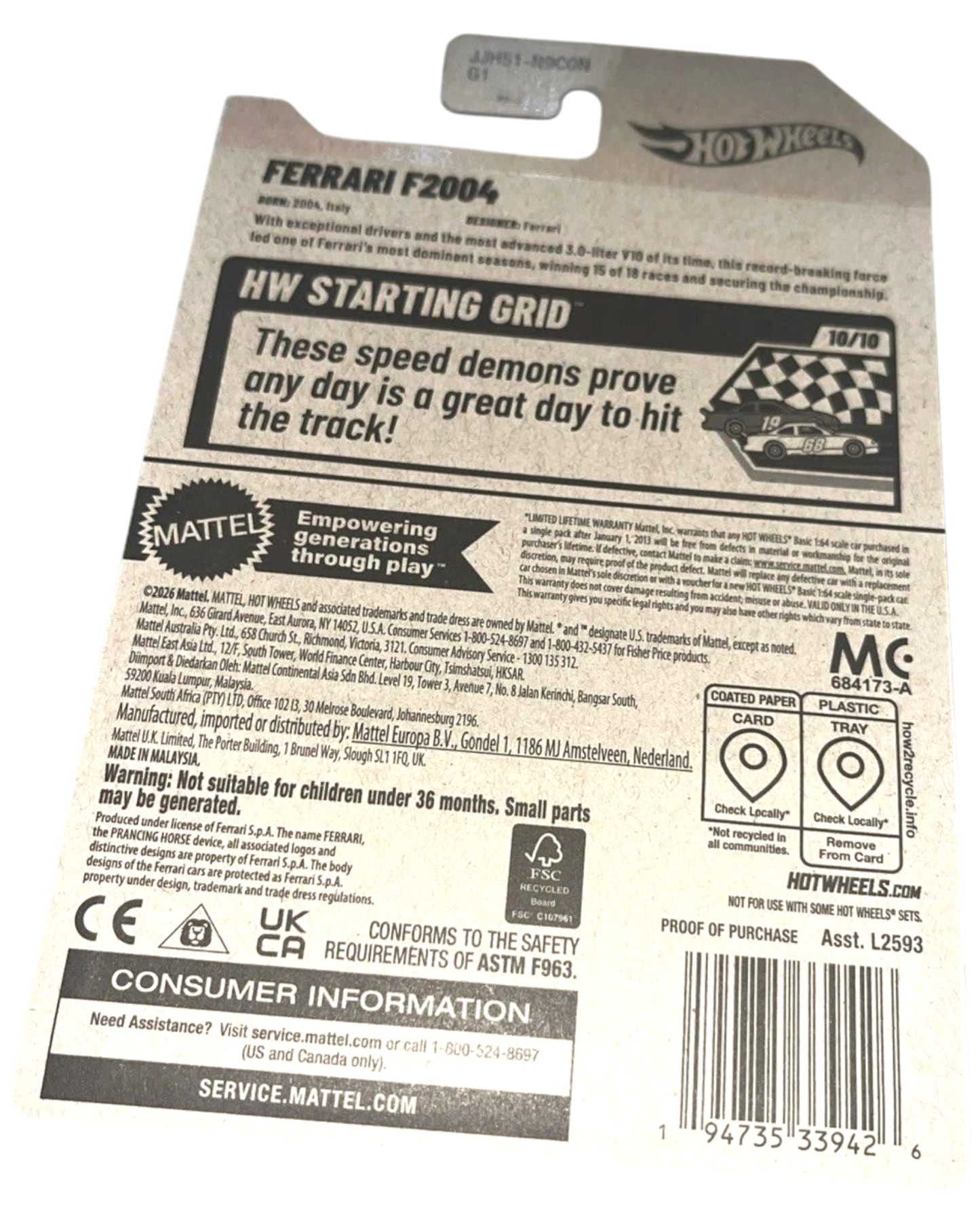 More Than Diecast Hot Wheels Ferrari F2004 blister card back with product information and safety warnings