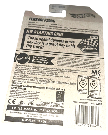 More Than Diecast Hot Wheels Ferrari F2004 blister card back with product information and safety warnings