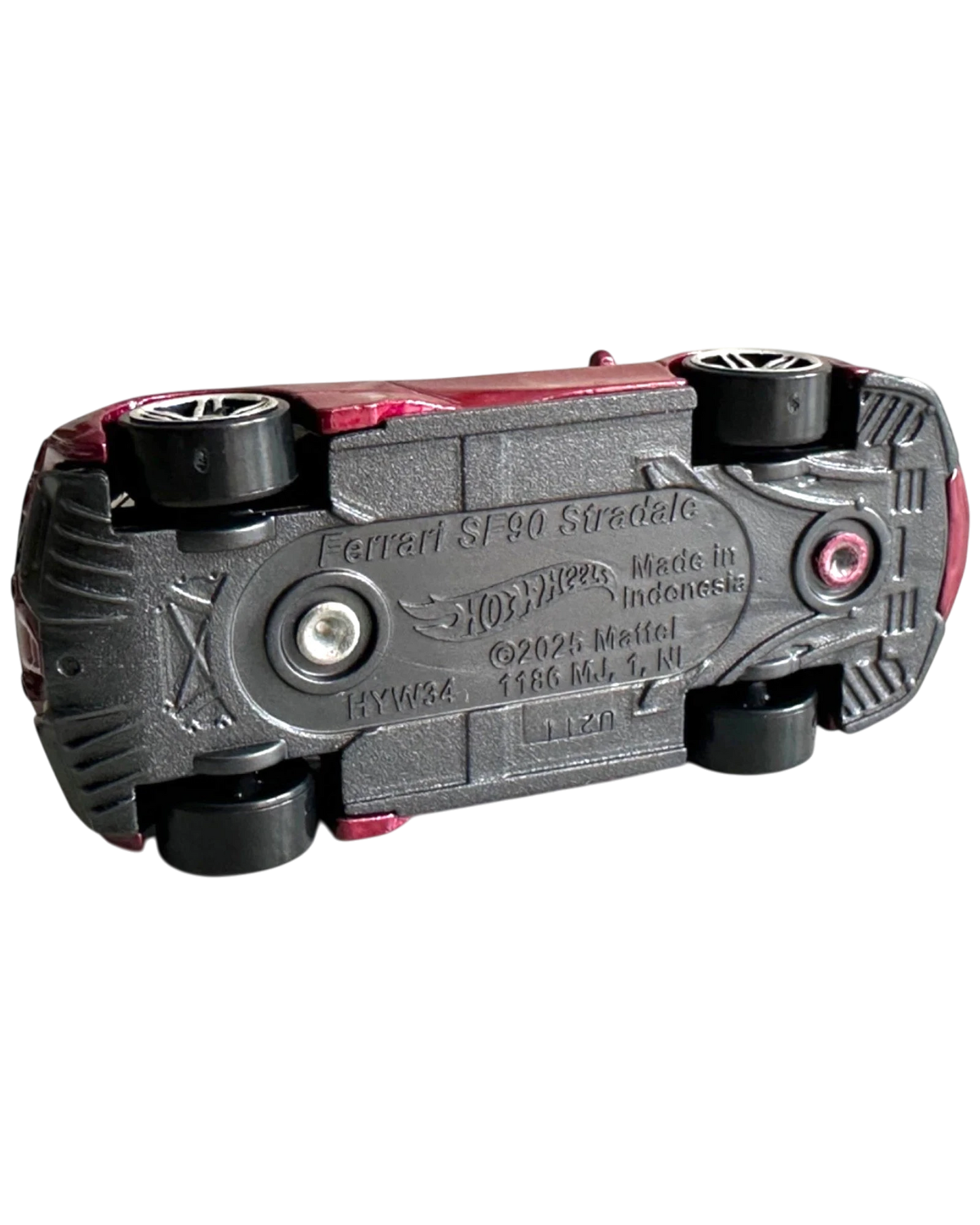 More Than Diecast Hot Wheels Ferrari SF90 Stradale 1:64 scale die-cast car base view showing chassis details