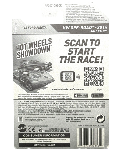 More Than Diecast Hot Wheels 2014 Ford Fiesta HW Off-Road card back with Showdown QR code and product details
