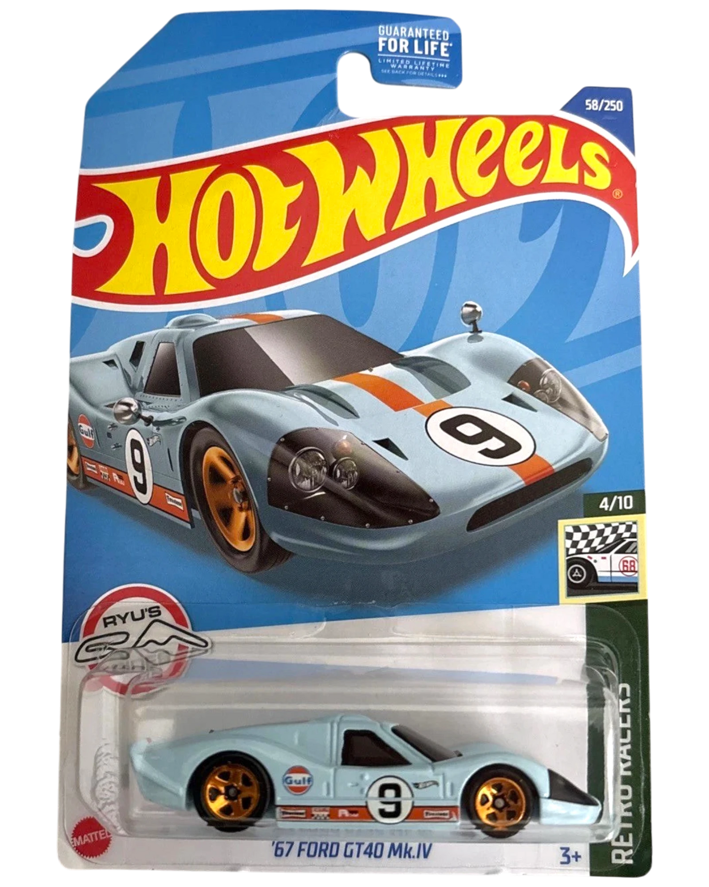 More Than Diecast Hot Wheels 1967 Ford GT40 Mk. IV die-cast car in iconic Gulf blue livery with orange racing stripes.
