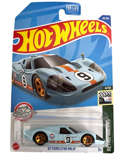 More Than Diecast Hot Wheels 1967 Ford GT40 Mk. IV die-cast car in iconic Gulf blue livery with orange racing stripes.