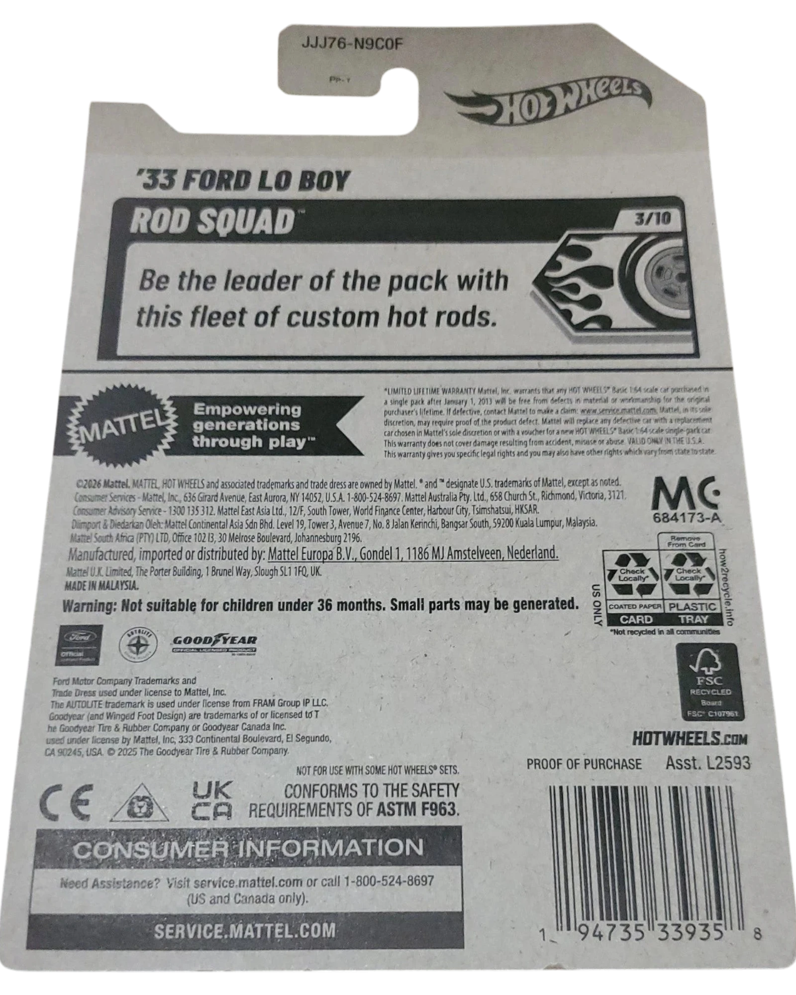 More Than Diecast Hot Wheels 33 Ford Lo Boy Rod Squad card back showing product details and safety information