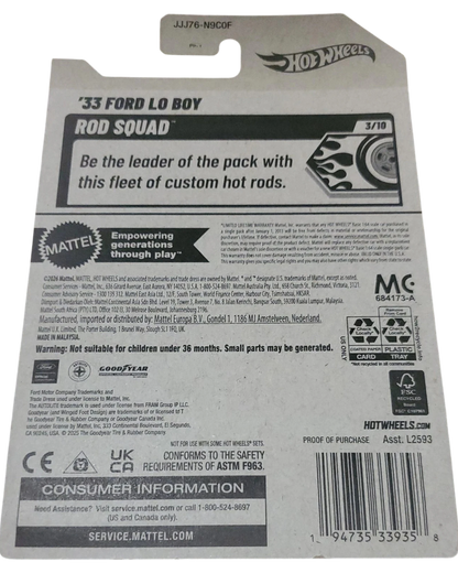 More Than Diecast Hot Wheels 33 Ford Lo Boy Rod Squad card back showing product details and safety information