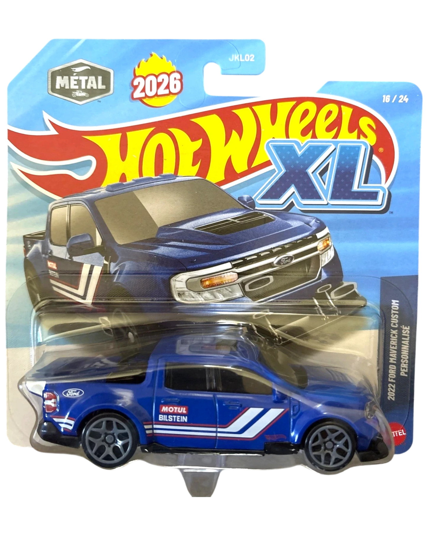 More Than Diecast 1:43 scale blue 2022 Ford Maverick Custom Hot Wheels XL die-cast model truck with white and red racing stripes.