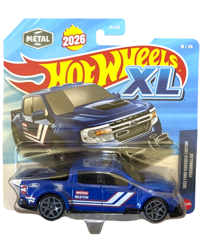 More Than Diecast 1:43 scale blue 2022 Ford Maverick Custom Hot Wheels XL die-cast model truck with white and red racing stripes.