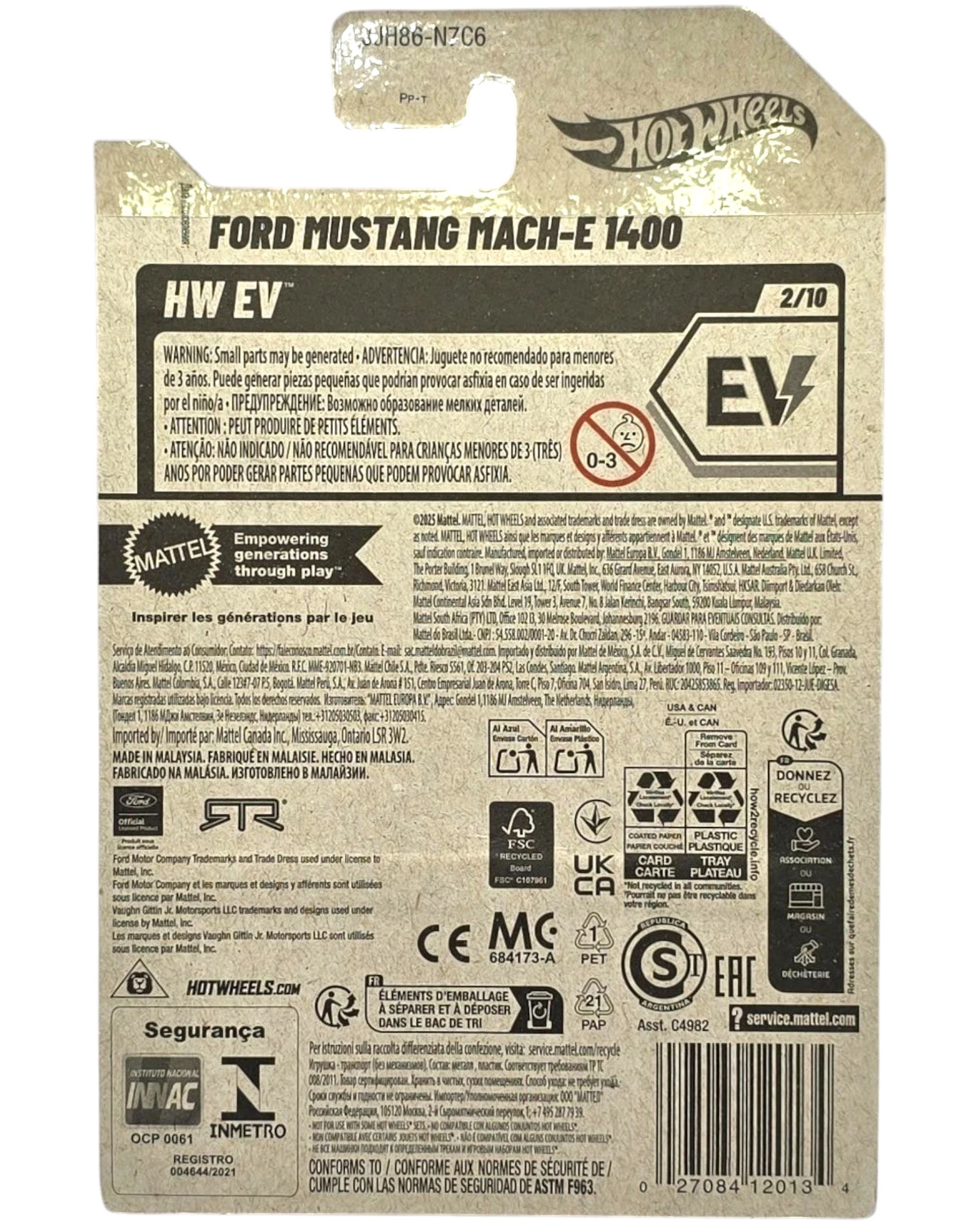 More Than Diecast HW EV Ford Mustang Mach-E 1400 toy car packaging. Features warning text and recycling symbols.