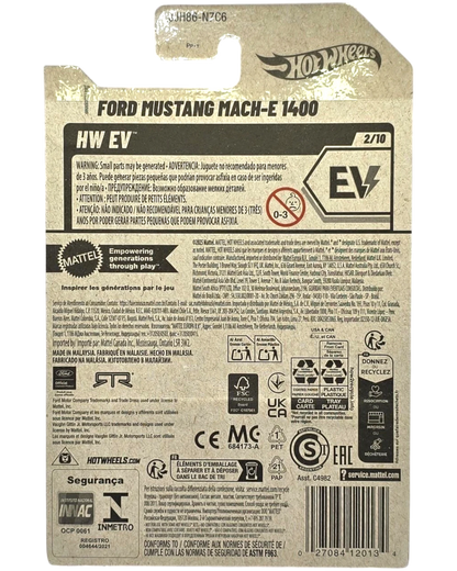 More Than Diecast HW EV Ford Mustang Mach-E 1400 toy car packaging. Features warning text and recycling symbols.