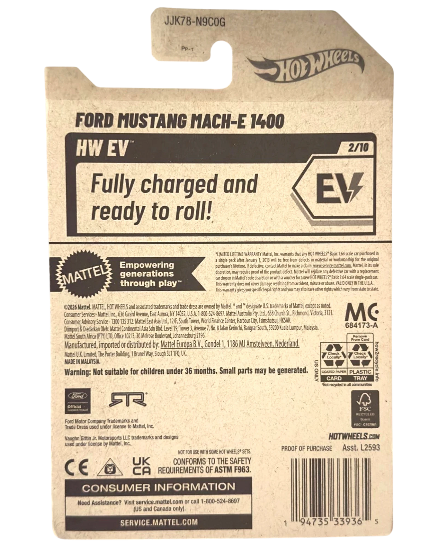 Back of More Than Diecast Hot Wheels Ford Mustang Mach-E 1400 packaging with product details and EV branding