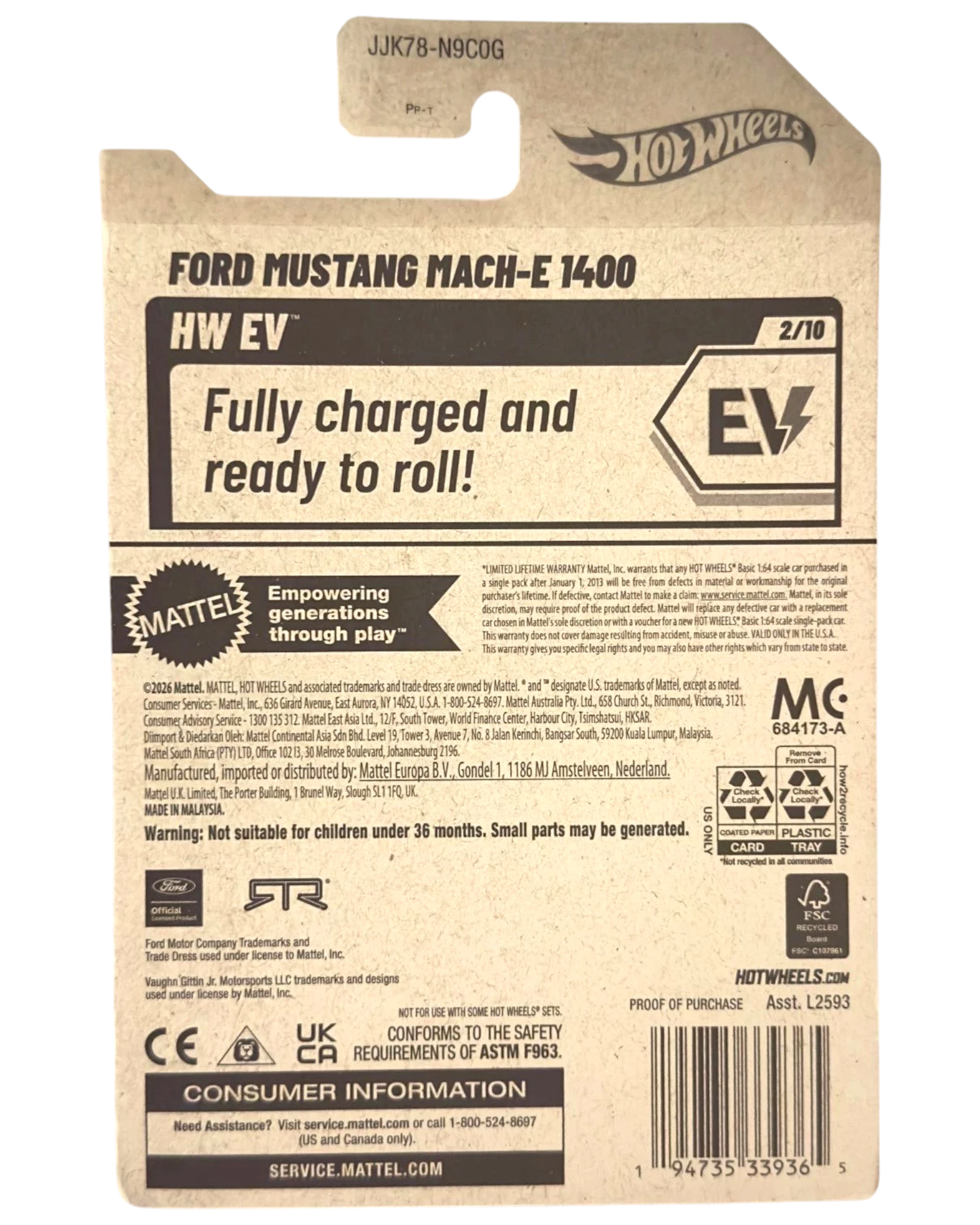 Back of More Than Diecast Hot Wheels Ford Mustang Mach-E 1400 packaging with product details and EV branding