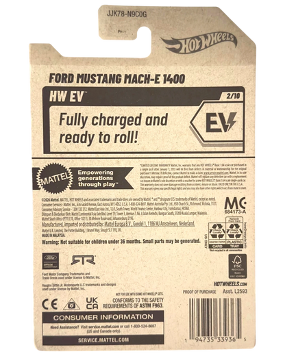 Back of More Than Diecast Hot Wheels Ford Mustang Mach-E 1400 packaging with product details and EV branding