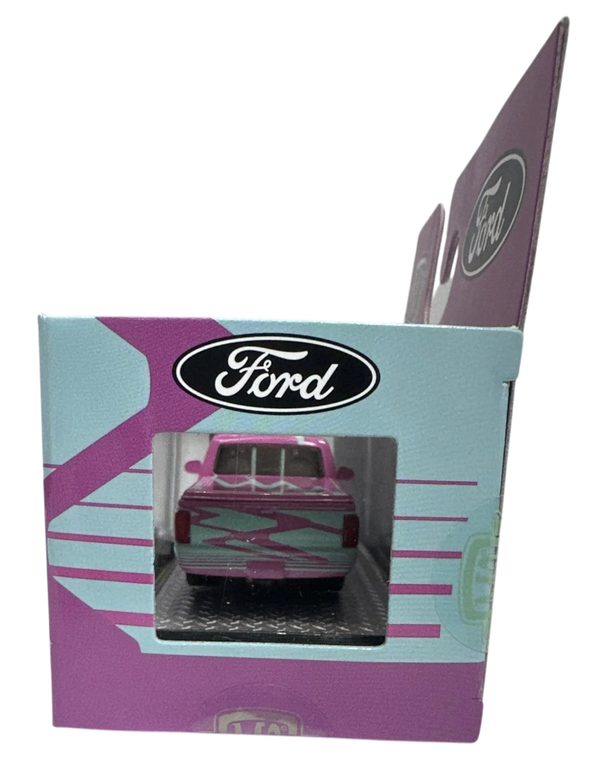 More Than Diecast 1:64 scale 1995 Ford Ranger die-cast truck in pink and blue two-tone livery inside packaging