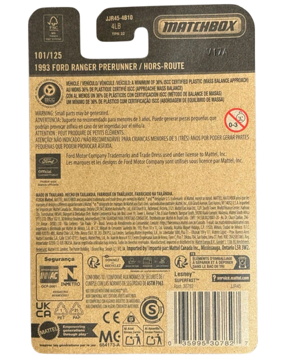 Back of More Than Diecast Matchbox 1993 Ford Ranger Prerunner packaging showing product details and safety warnings