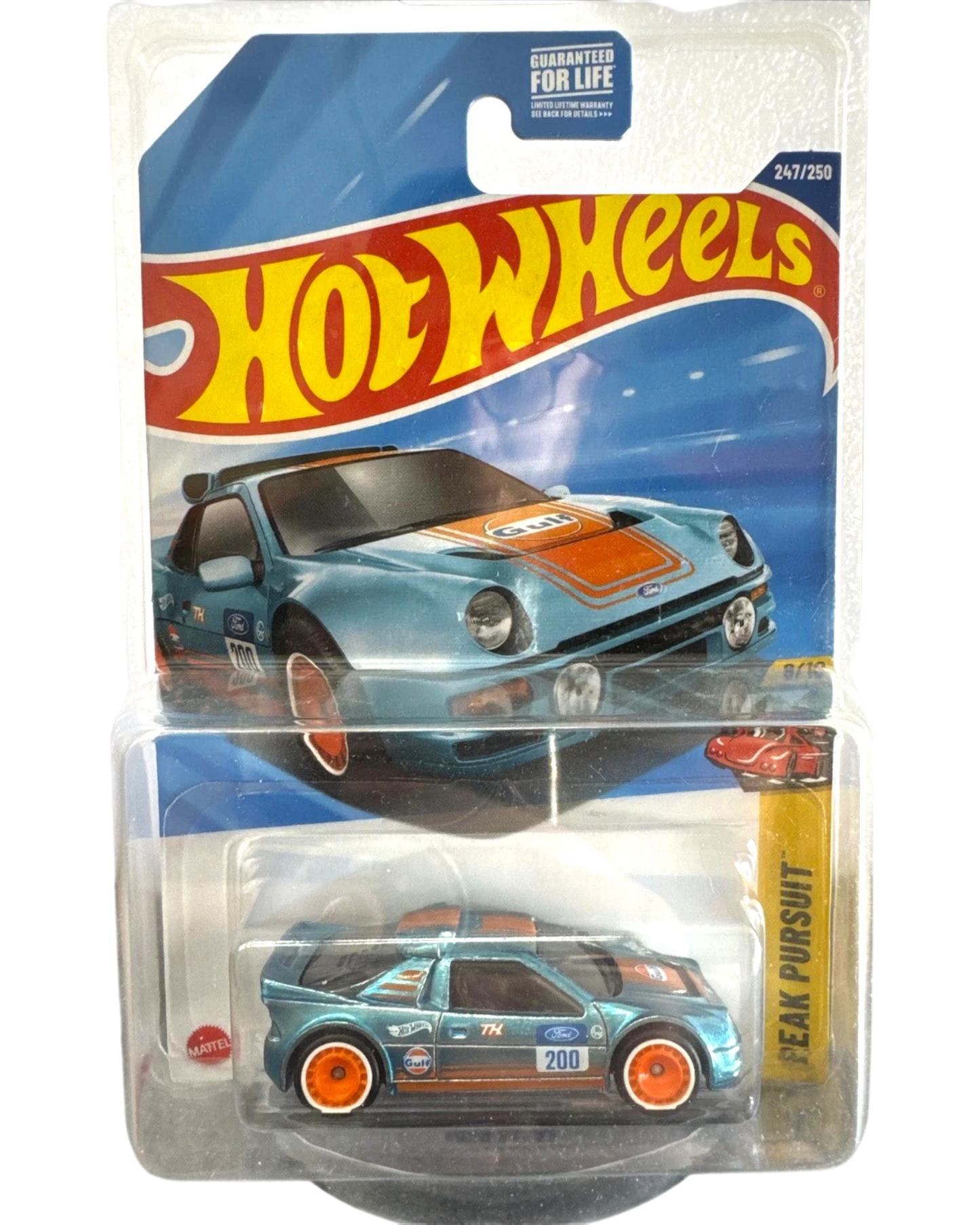 More Than Diecast Hot Wheels Ford RS200 Gulf Oil Super Treasure Hunt diecast car in original blister packaging