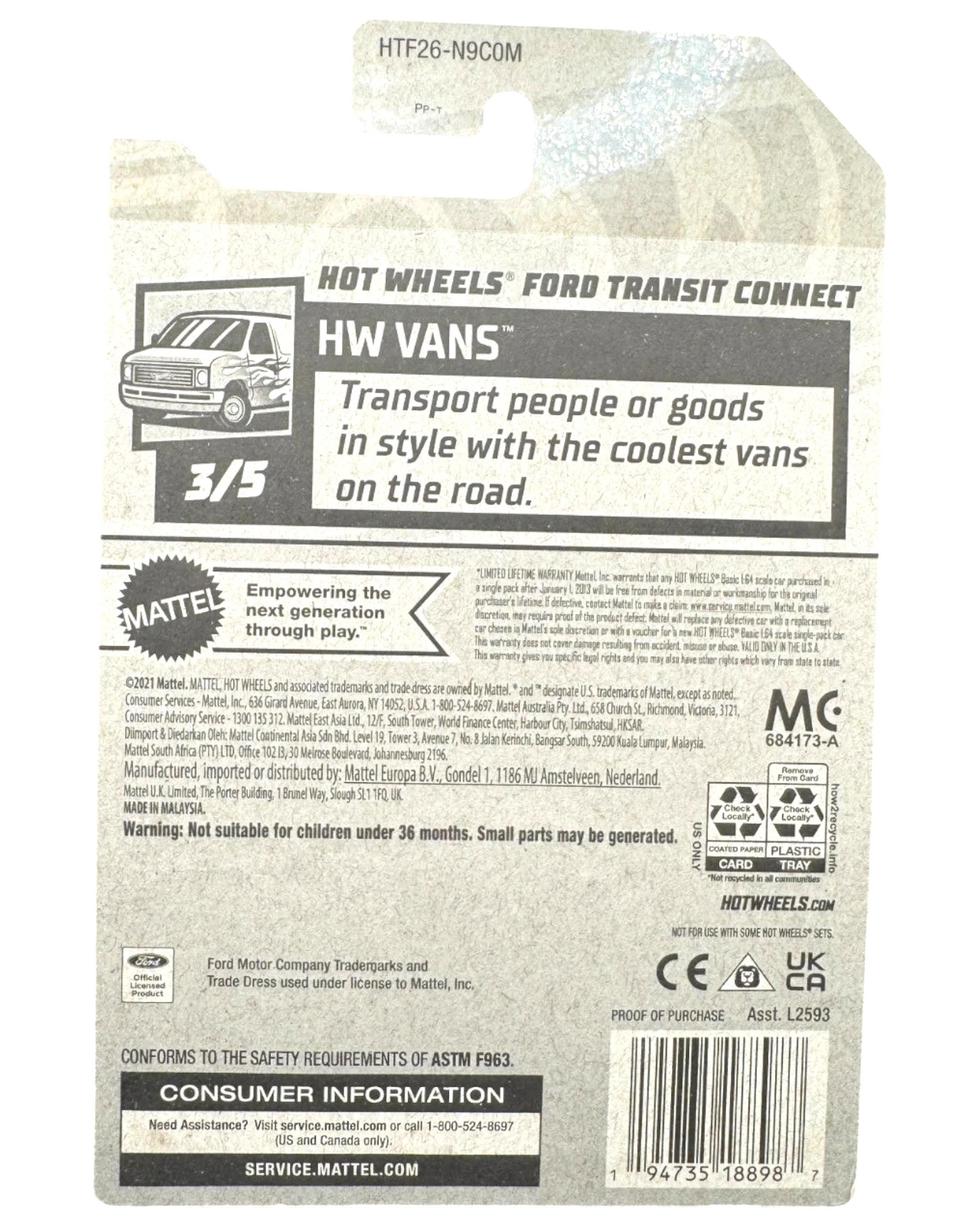 More Than Diecast Hot Wheels Ford Transit Connect die-cast van packaging back showing product details and branding