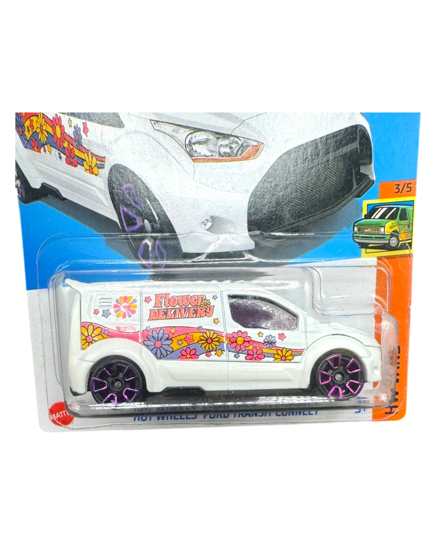 More Than Diecast Hot Wheels Ford Transit Connect white van with colorful flower delivery graphics and purple wheels