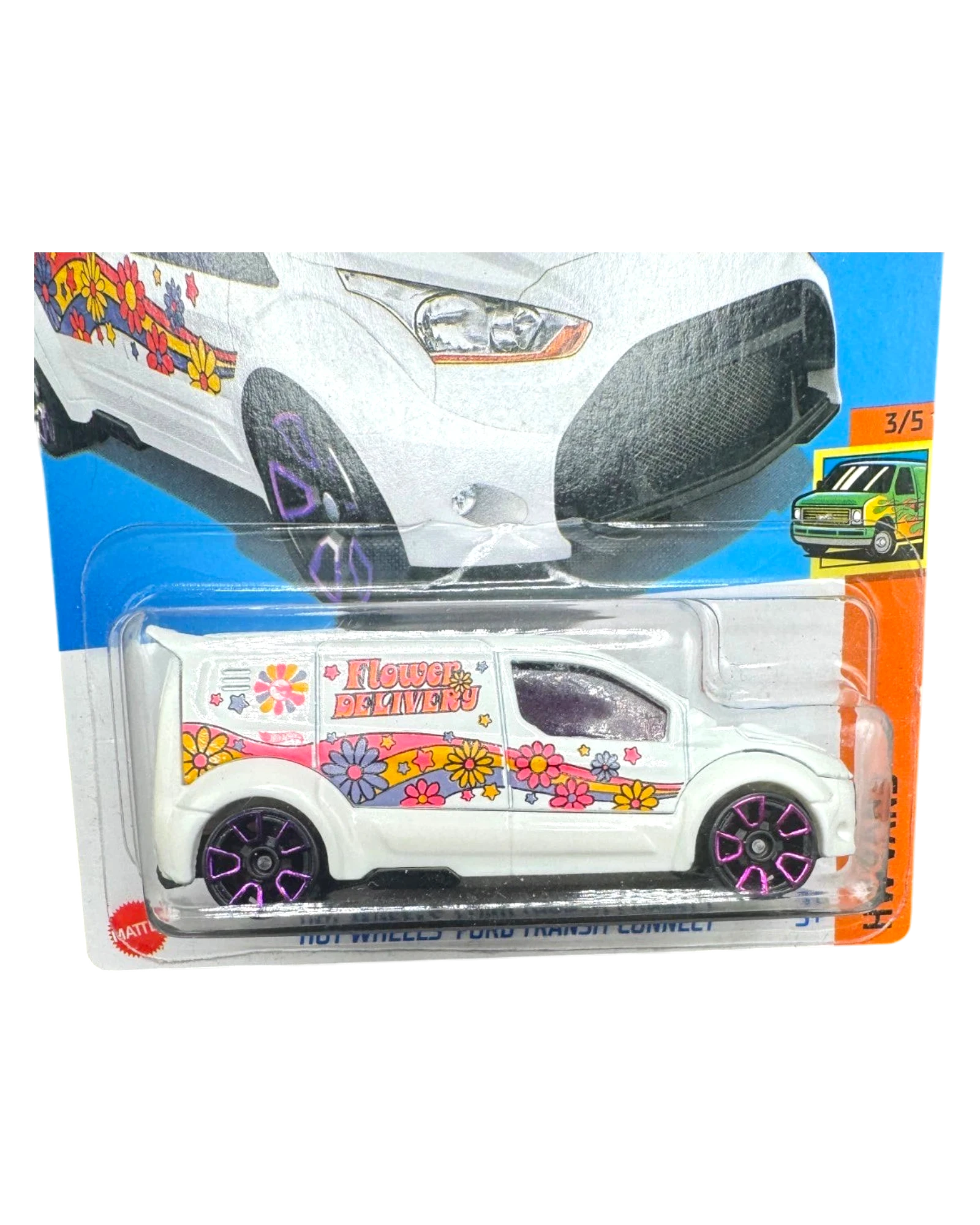 More Than Diecast Hot Wheels Ford Transit Connect white van with colorful flower delivery graphics and purple wheels