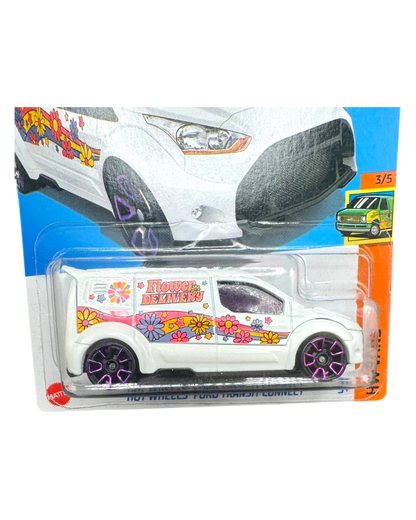 More Than Diecast Hot Wheels Ford Transit Connect white van with colorful flower delivery graphics and purple wheels