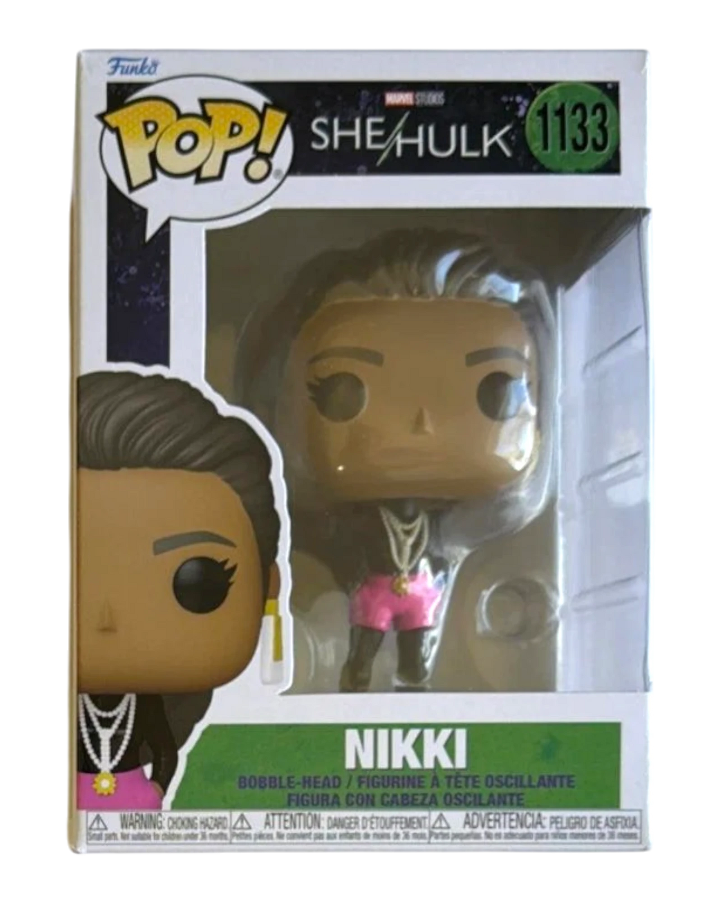 More Than Diecast Funko Pop Nikki #1133 She Hulk Marvel 2022 bobble-head figure with pink shorts and gold necklace.