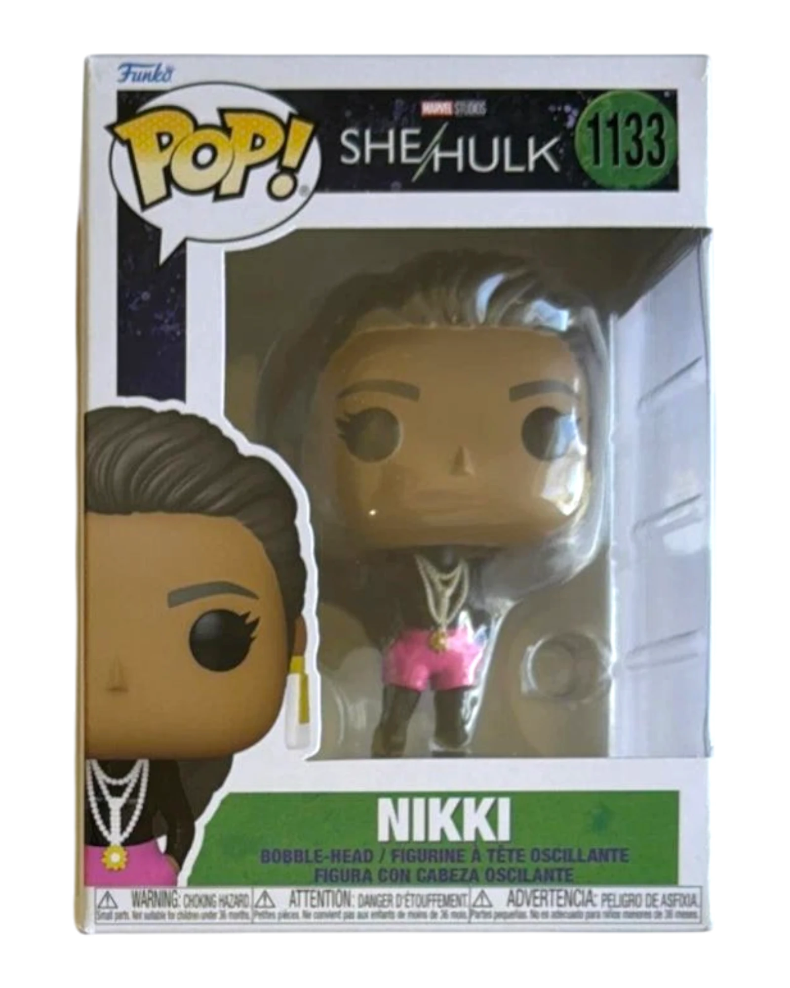 More Than Diecast Funko Pop Nikki #1133 She Hulk Marvel 2022 bobble-head figure with pink shorts and gold necklace.